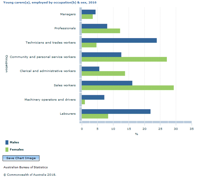Graph Image for Young carers(a), employed by occupation(b) and sex, 2016